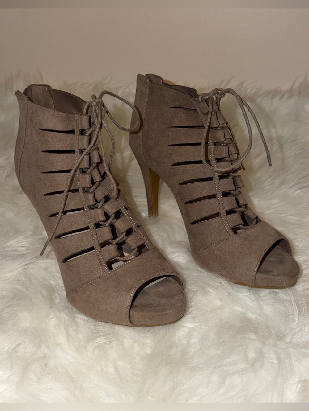Lace-Up Peep Toe High Heels in Taupe Suede